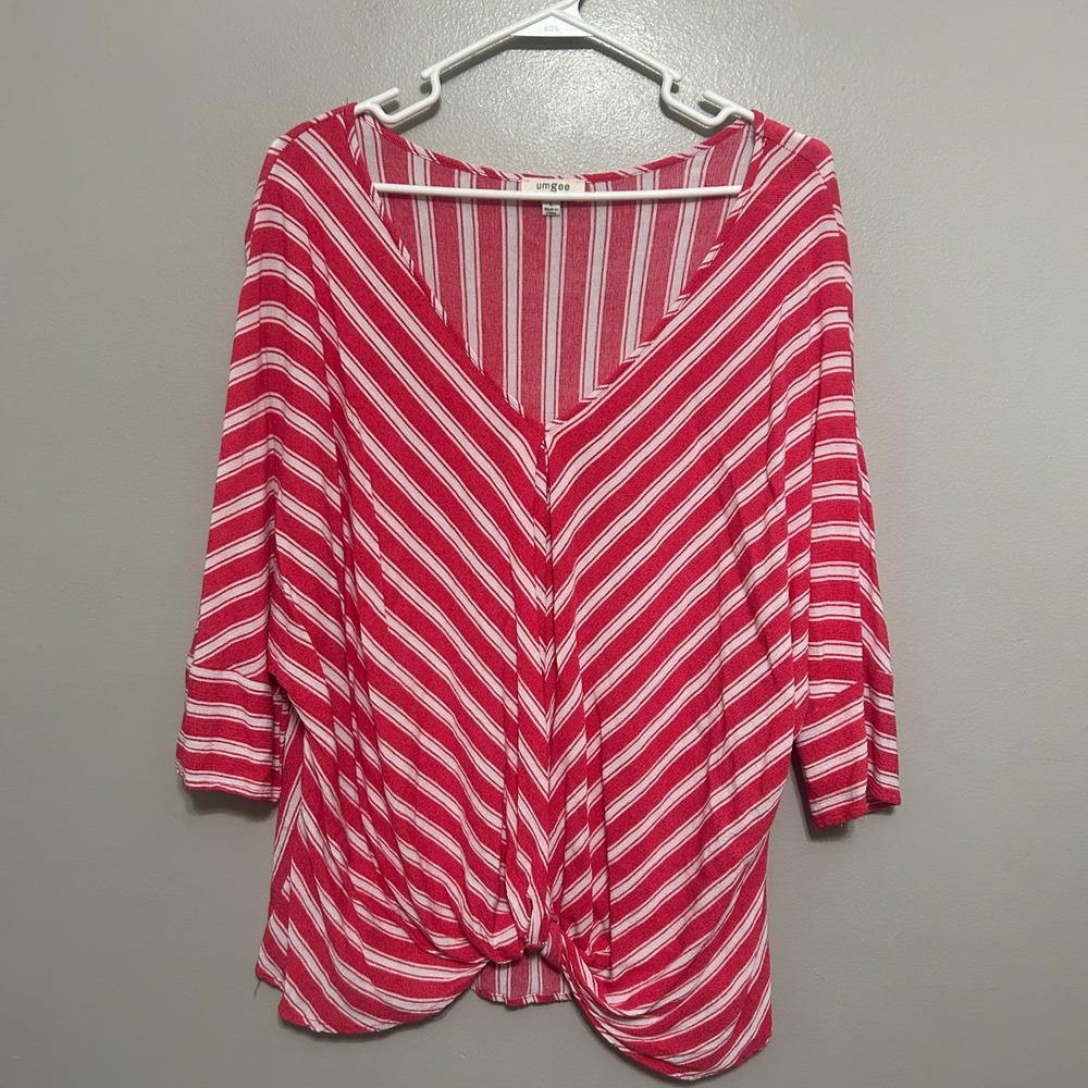Umgee Blouse Striped Front Knot Top L Pink White Boho V-Neck Nautical Coastal